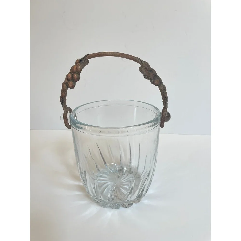 Vintage Clear Swirl Glass Ice Bucket with Grape &‎ Vine Metal Handle Barware